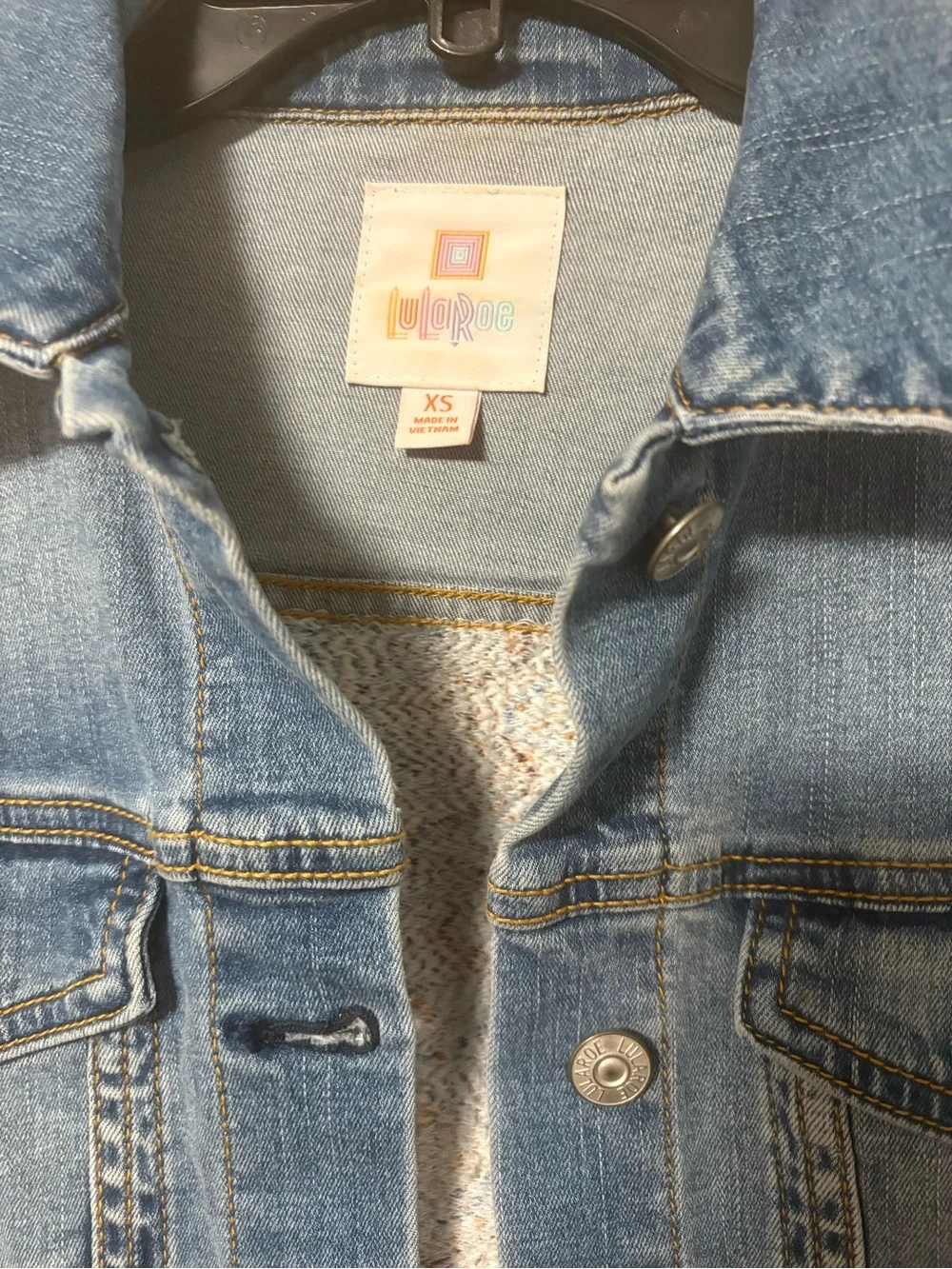 LuLaRoe Blue Denim Women's Jacket with Orange & Red Patterned Panel
